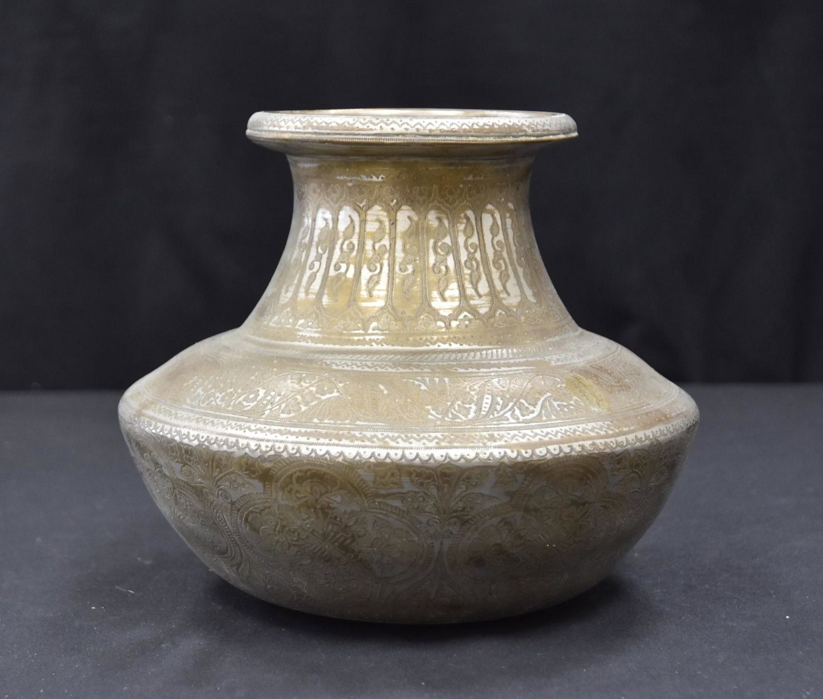 ISLAMIC ENGRAVED VASE WITH FIGURES: 8" x 7 1/2"