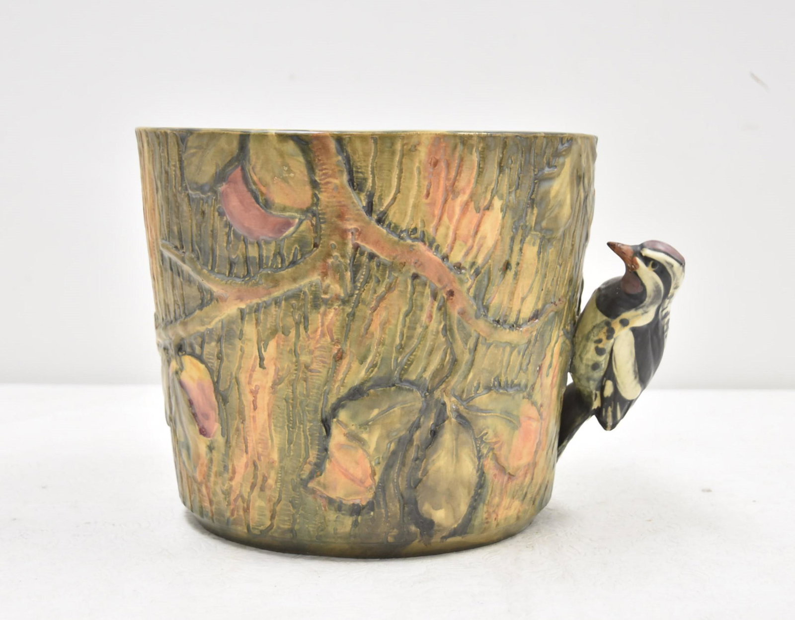 RARE WELLER WOODCRAFT BALDIN JARDINIERE: WELLER POTTERY WOODCRAFT - BALDIN PATTERN JARDINIERE WITH WOODPECKER - 11 1/2" x 9 1/2" x 8"
