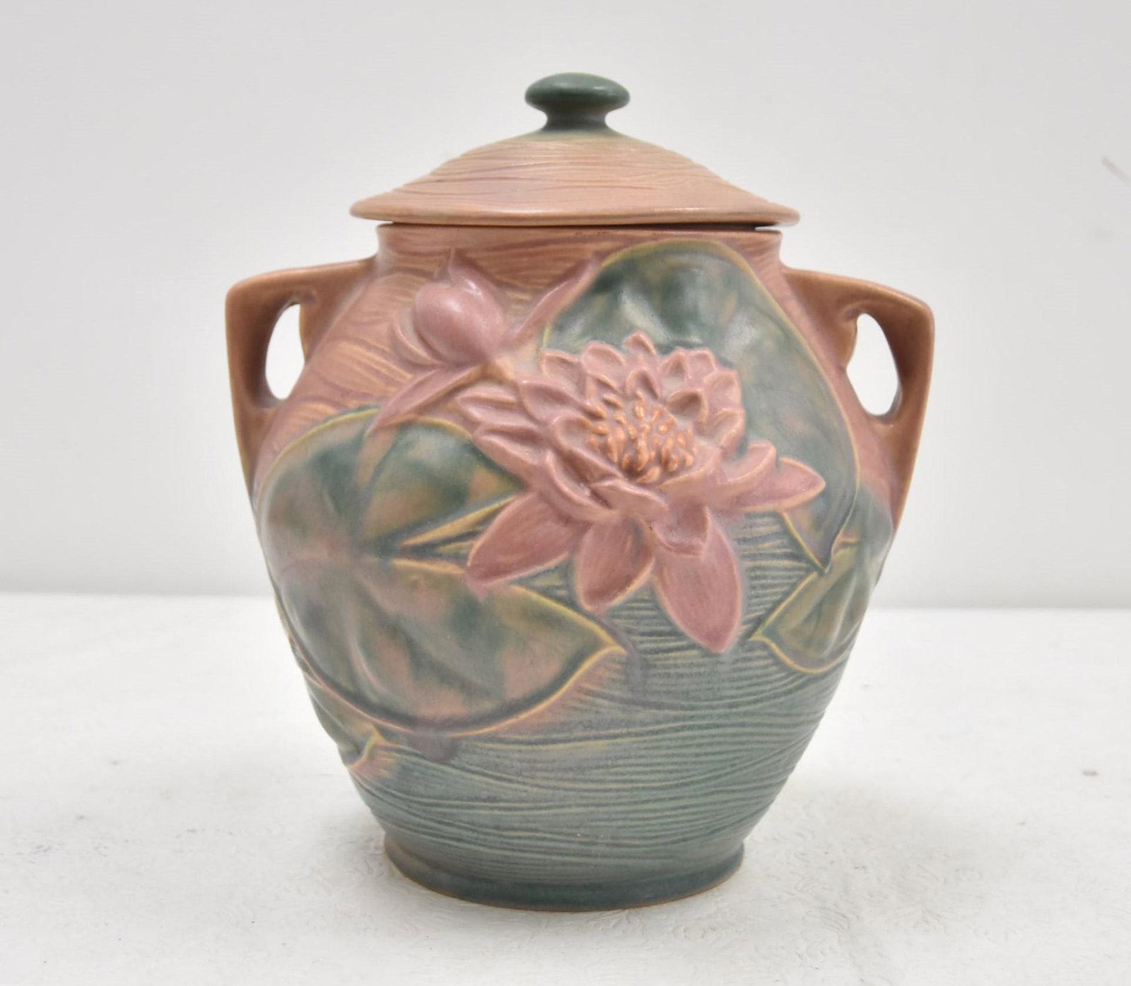 WELLER PINK WATER LILY COOKIE JAR: WELLER PINK WATER LILY TWIN HANDLE COOKIE JAR - 9 1/2" x 7 1/2" x 11"