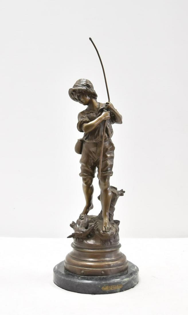AFTER AUGUSTE MOREAU , BRONZE BOY WITH FISHING ROD: AFTER AUGUSTE MOREAU BRONZE BOY WITH FISHING POLE & DUCK BESIDE HIM , SIGNED A. MOREAU , WITH FRENCH FOUNDRY - 7 1/2" x 23"