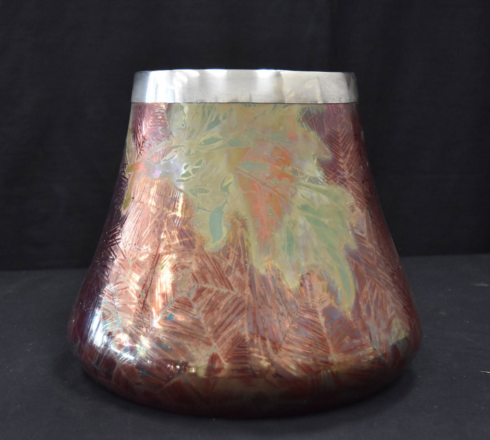 CLEMENT MASSIER , FRENCH POTTERY JARDINIERE: CLEMENT MASSIER , ART NOUVEAU FRENCH POTTERY LUSTRE GLAZE VASE - JARDINIERE WITH IRIDESCENT FLOWERS & STERLING SILVER RIM - MARKED CLEMENT MASSIER , GOLFE - 11" x 10"