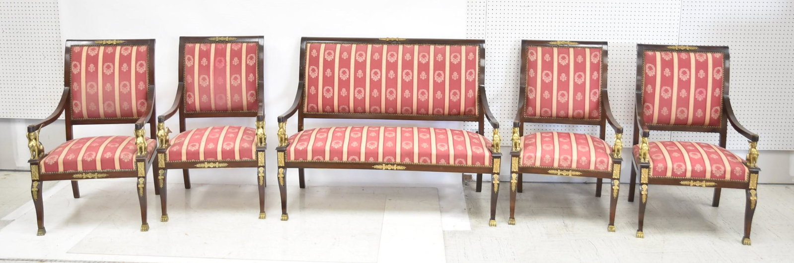 (5)pc FRENCH EMPIRE STYLE SALON SUITE: (5)pc FRENCH EMPIRE STYLE SALON SET WITH BRONZE MOUNTED SPHINX ON ARMS SURROUNDED BY BRONZE MOUNTS , CONSISTING OF UPHOLSTERED SETTEE & (4) ARM CHAIRS - CHAIRS ARE 23" x 22" x 39" ; SETTEE IS 48" x 23