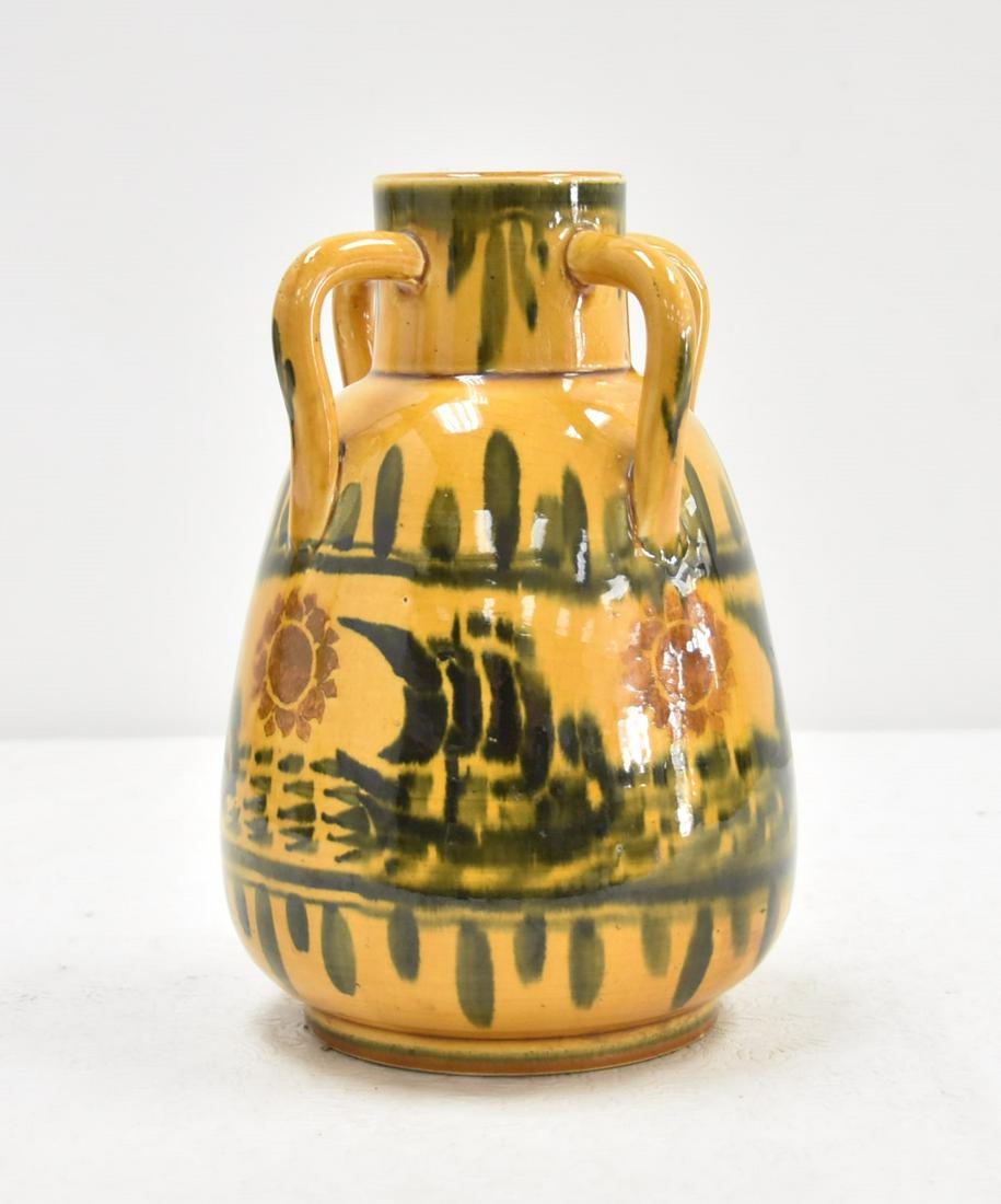 FREDERICK HURTEN RHEAD 4-HANDLE VASE: EARLY FREDERICK HURTEN RHEAD , ca. 1900 EARTHENWARE VASE WITH SHIPS AT SEA DECORATIONS & 4 HANDLES - , SIGNED F HURTEN RHEAD - 6" x 10"