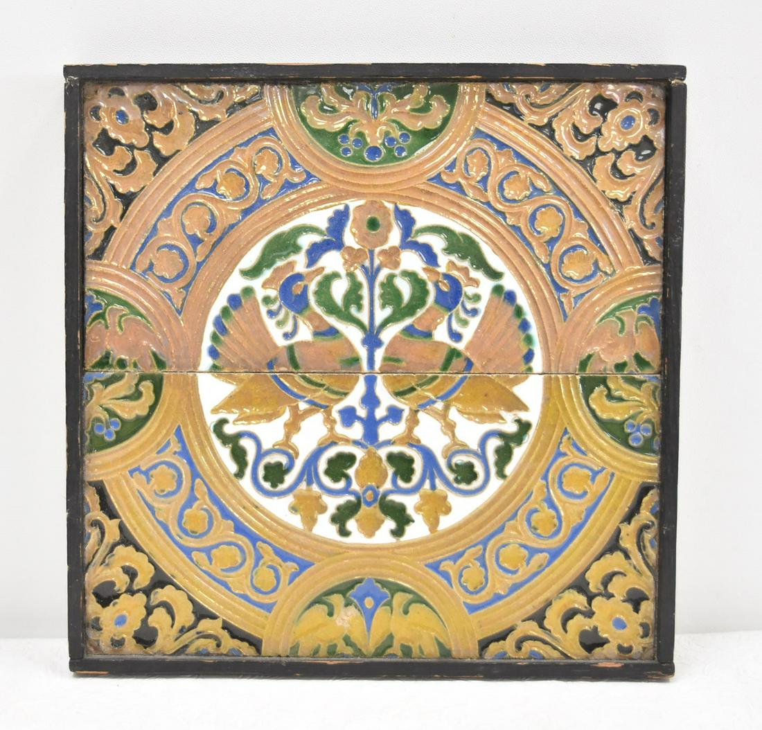 FREDERICK HURTEN RHEAD . AETCO TILE PLAQUE: 2-PART ATTRIBUTED TO (AETCO) AMERICAN ENCAUSTIC TILE COMPANY ARTS CRAFTS TILE PLAQUE WITH RELEIF SCROLL WORK & PEACOCKS ; ATTRIBUTED TO FREDERICK HURTEN RHEAD (ENGLISH/AMERICAN , 1880-1942) - 11 1/2"