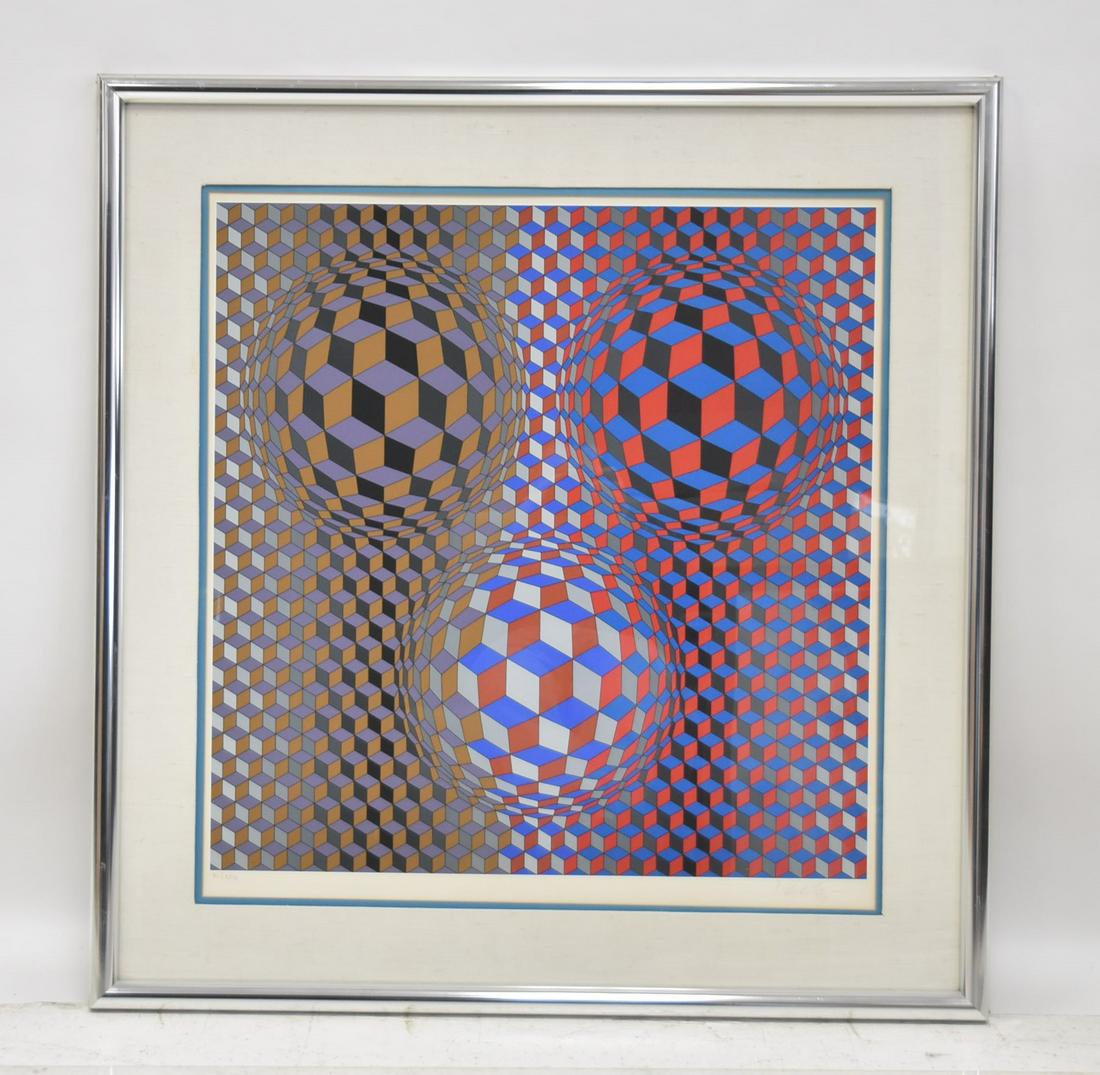 VICTOR VASARELY (FRENCH/HUNGARIAN, 1906-1997): VICTOR VASARELY GEOMETRIC ABSTRACT "NEBULUS" COLOR SERIGRAPH , HAND SIGNED LOWER RIGHT , NUMBERED 81/250 ; 28" x 28 1/2" ; 36 1/2" x 38 1/2" FRAMED & MATTED