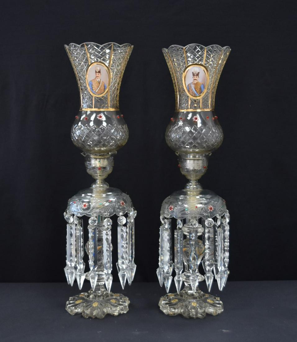 (Pr) ANTIQUE PERSIAN QAJAR STYLE LUSTRES: (Pr) ANTIQUE PERSIAN LUSTRE CANDLESTICKS WITH LATER HURRICANE SHADES WITH PORTRAITS & JEWELS - 7" x 26" OVERALL