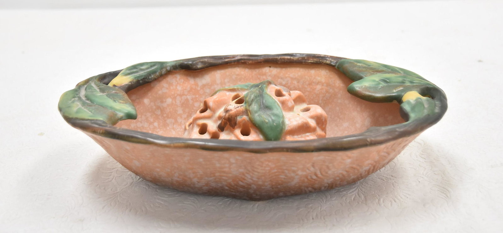(2) WELLER MALVERNE PATTERN POTTERY PIECES: WELLER PINK MALVERNE POTTERY BOWL WITH FLOWER FROG & WELLER MALVERNE SMALL VASE - LARGEST IS 4" x 6"
