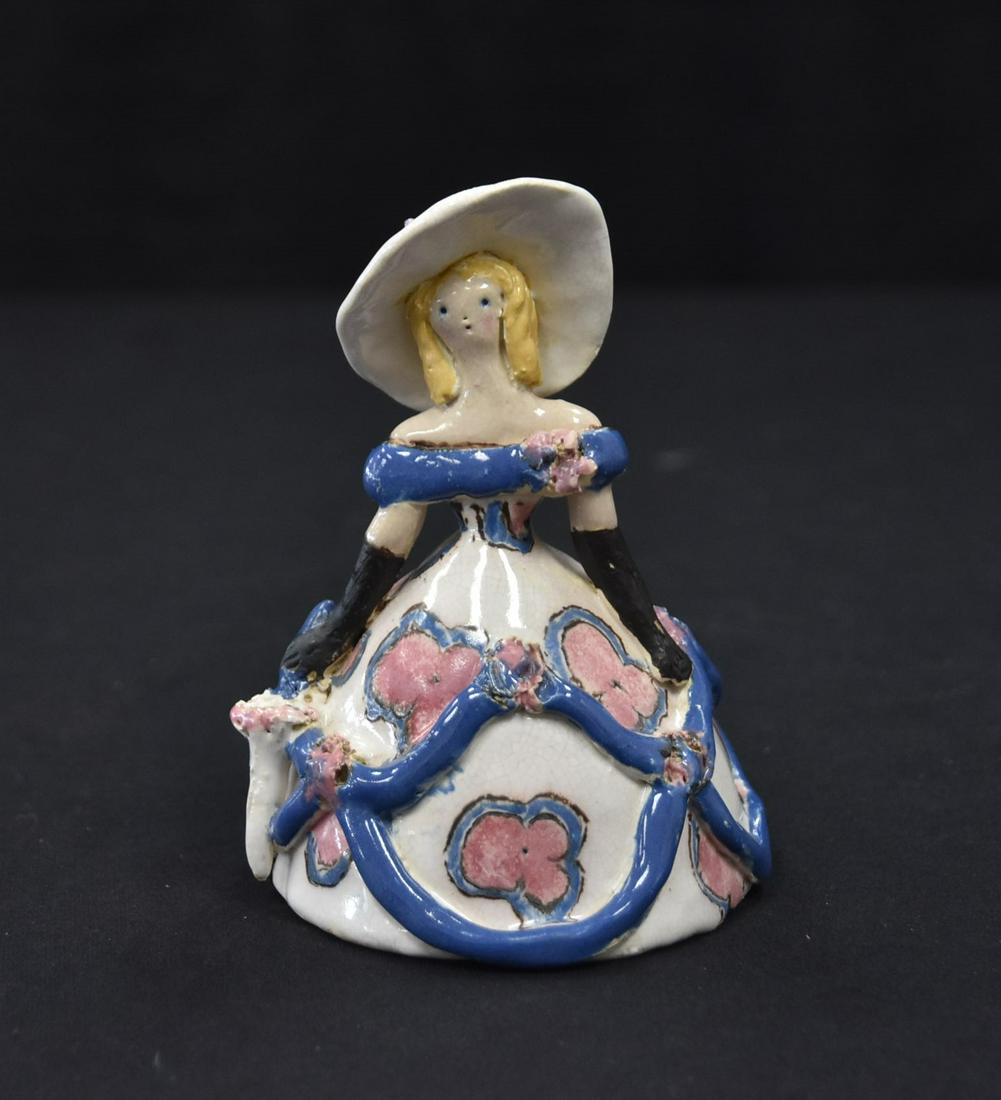 OVERBECK POTTERY SOUTHERN BELLE FIGURE: OVERBECK SISTERS POTTERY CLAY FIGURE OF SOUTHERN BELLE IN DRESS - 3 1/2" x 4 1/2" Very short minor line at woman's hat and glaze skip to hat. Heavy crazing throughout. Some roughness to floral decorat