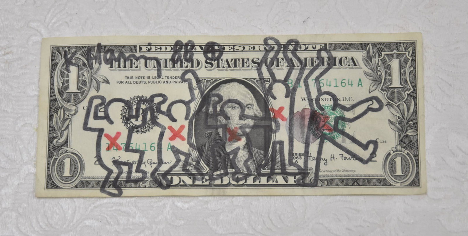 ATTRIBUTED TO KEITH HARING (1958-1990) DOLLAR BILL: ATTRIBUTED TO KEITH HARING (1958-1990) DOLLAR BILL DRAWING WITH MARKER , DATED 88'