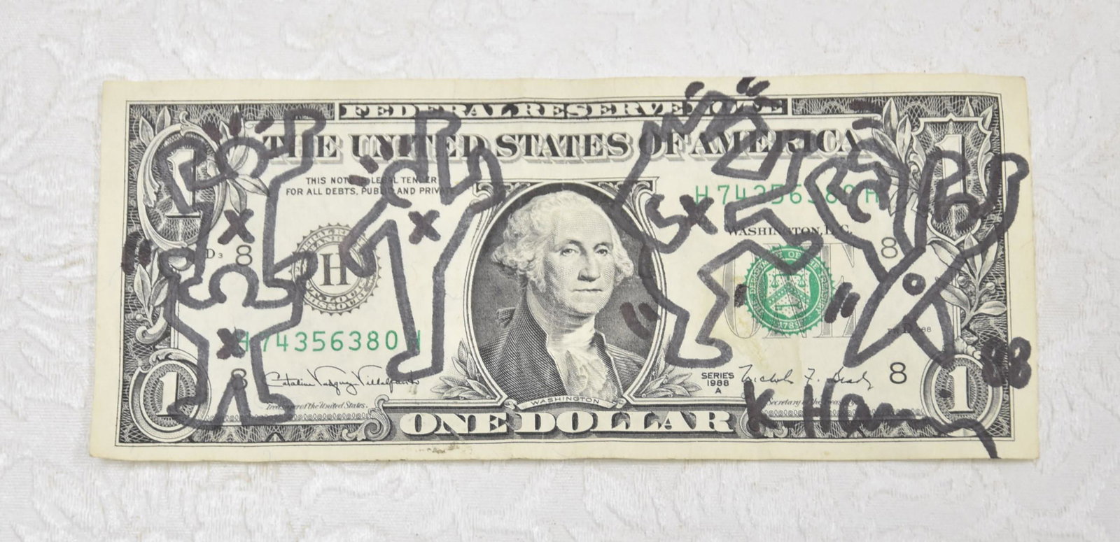 ATTRIBUTED TO KEITH HARING (1958-1990) DOLLAR BILL: ATTRIBUTED TO KEITH HARING DOLLAR BILL DRAWING , DATED 88'