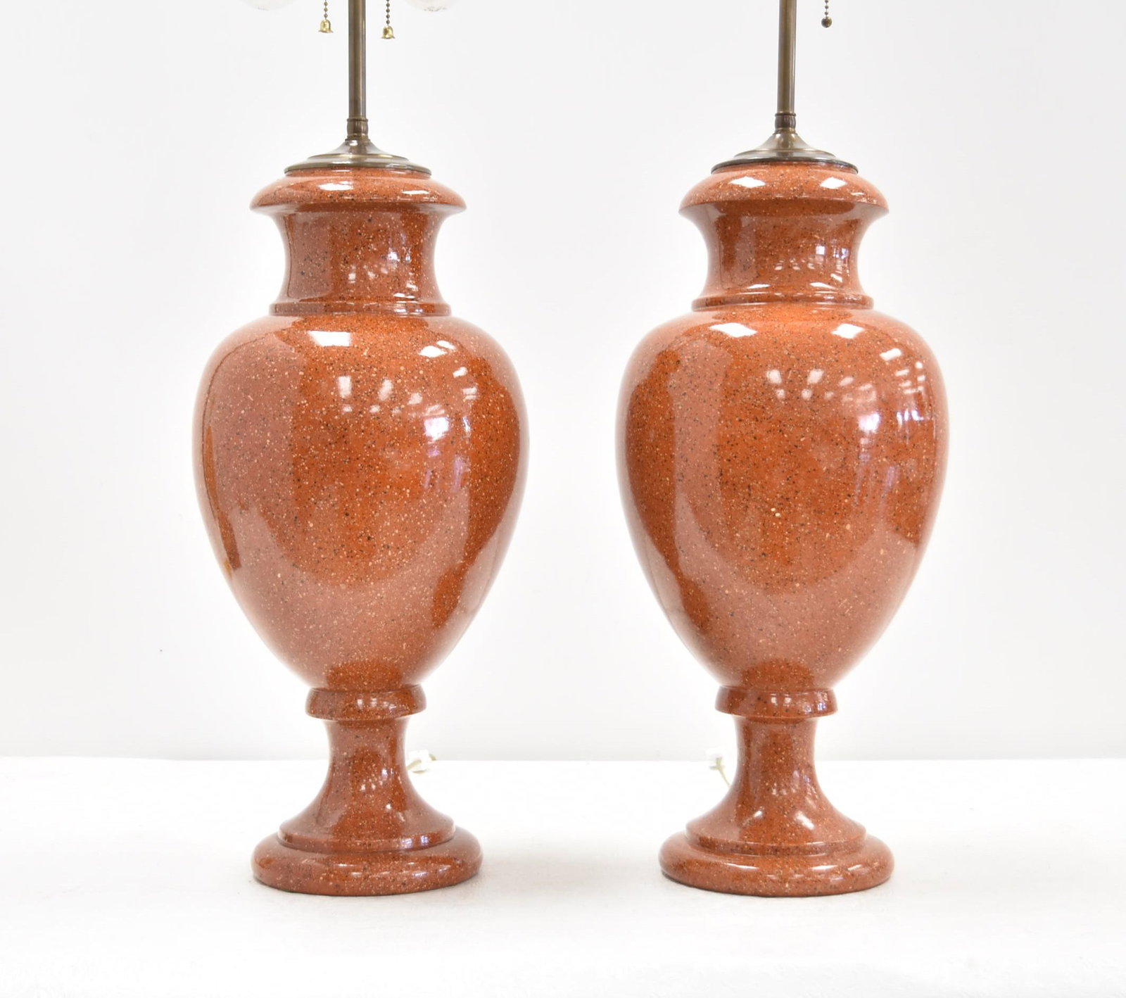 (Pr) JEAN ROGER , PARIS CERAMIC LAMPS: (Pr) JEAN ROGER , PARIS CERAMIC SPECKLE PATTERN LAMPS - 9 1/2" x 35" OVERALL , SIGNED JEAN ROGER PARIS ; ONE BEARING ORIGINAL STICKER