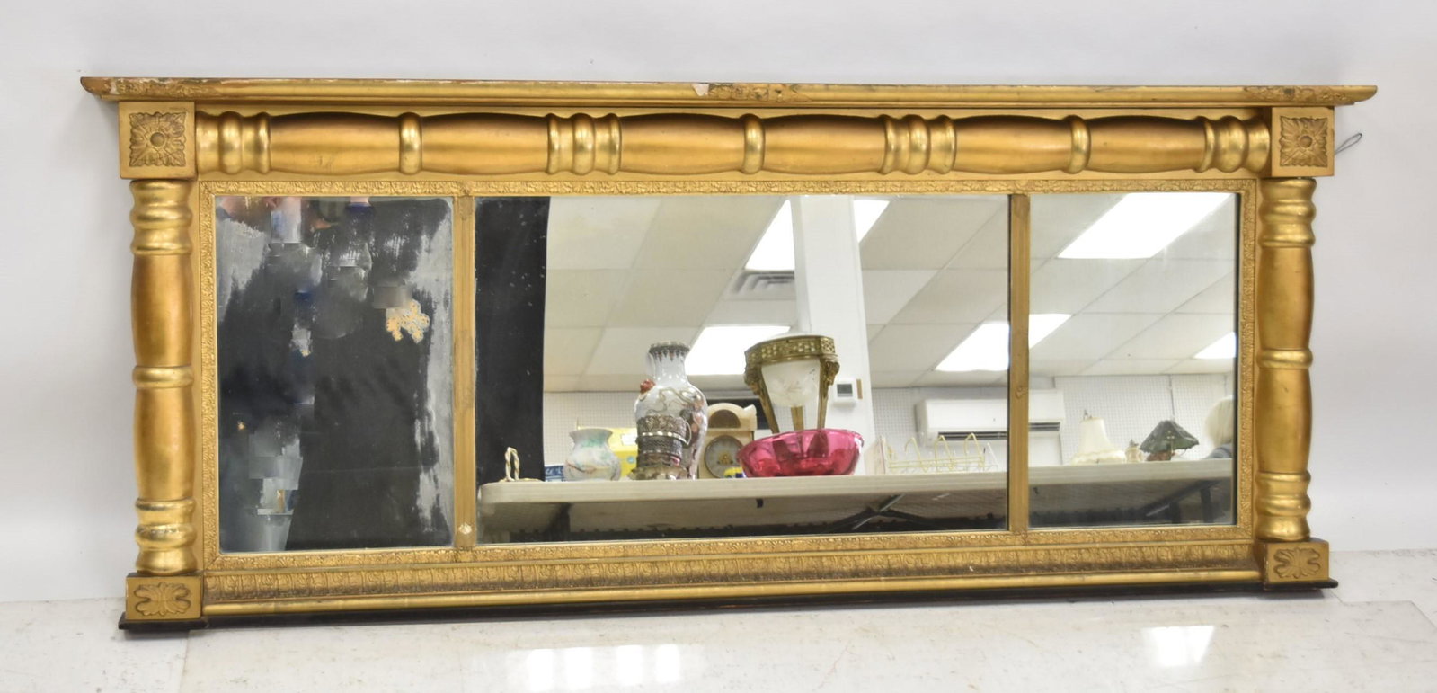 ANTIQUE EMPIRE GILTWOOD MIRROR: ANTIQUE EMPIRE STYLE GILTWOOD 3-SECTION MIRROR - 64" x 27" (SOME LOSS TO MIRROR)