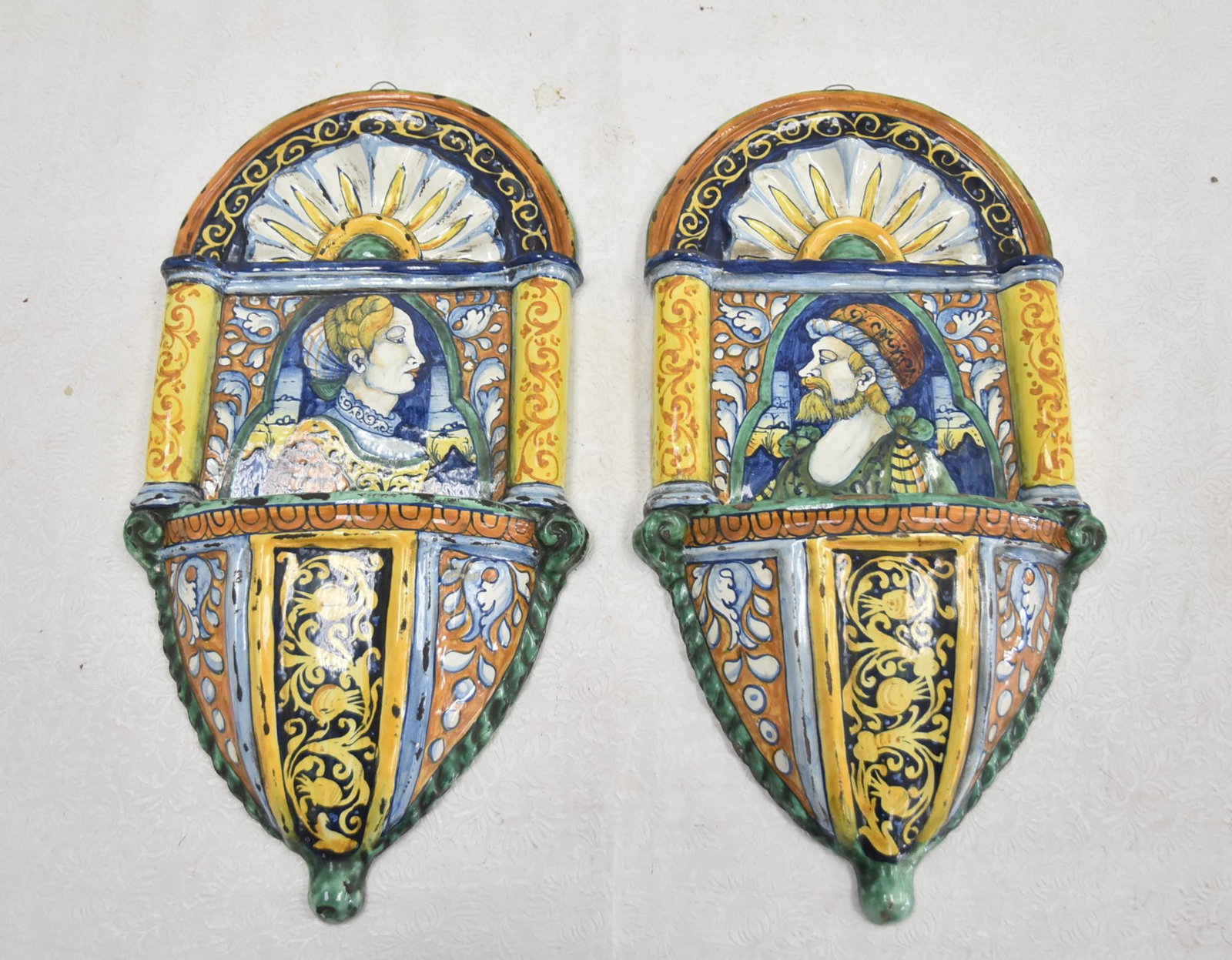 (Pr) ITALIAN MAJOLICA WALL POCKETS WITH: PORTRAITS OF MAN & WOMAN, WITH FRANCOIS SORRENTO LABEL - 10 1/2" x 3" x 20"