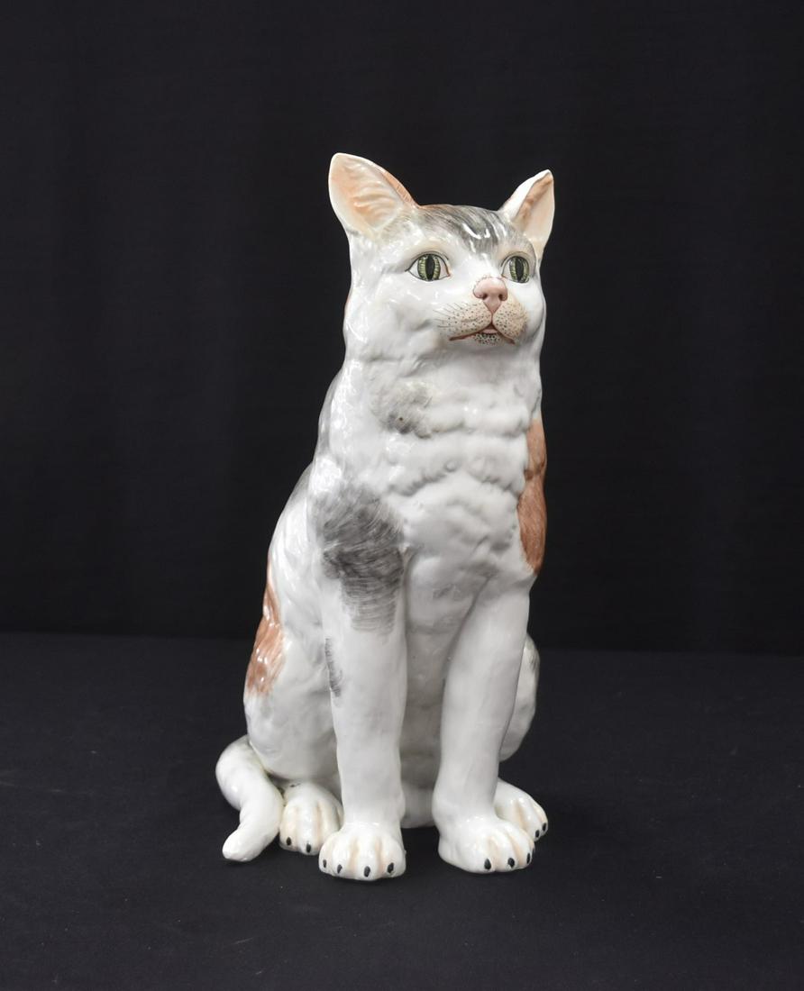 LARGE DRESDEN PORCELAIN SEATED CAT: LARGE CARL THIEME POTSCHAPPEL DRESDEN PORCELAIN SEATED CAT WITH PAINTED DECORATIONS - 5" x 8" x 12" ; BOX 32
