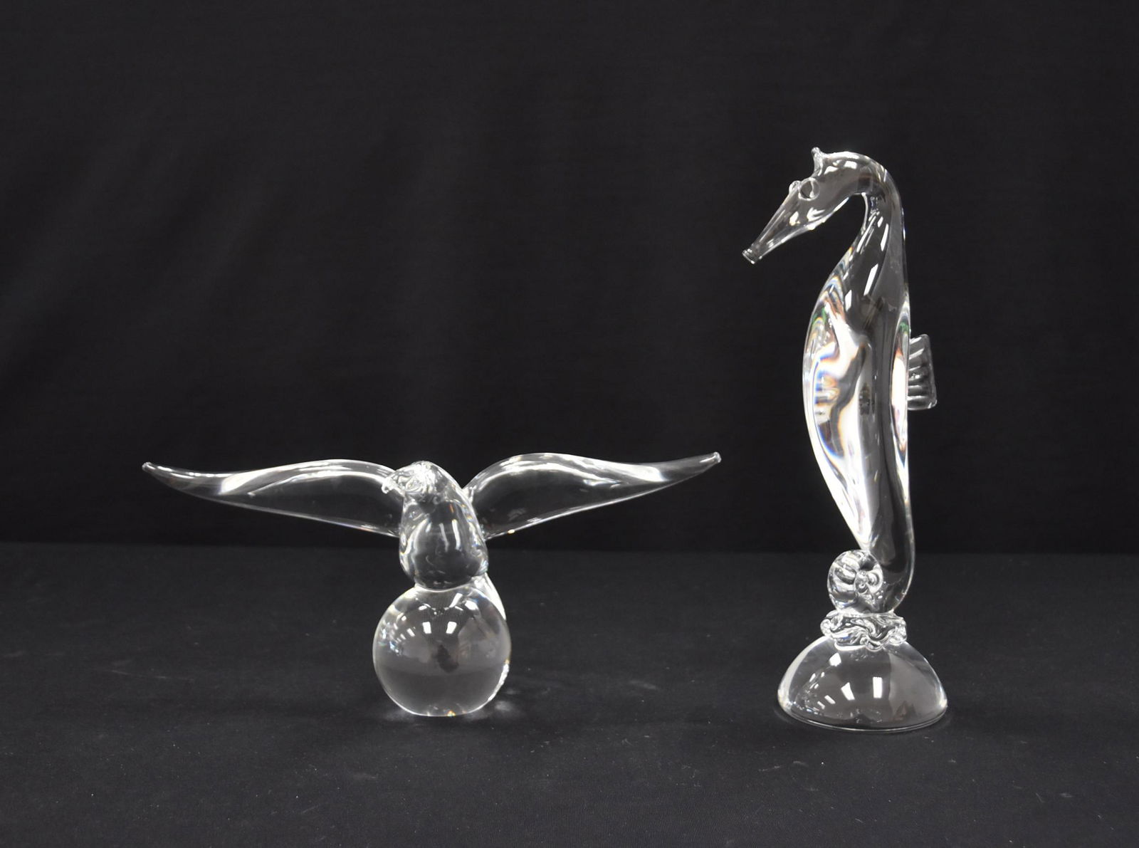 STEUBEN CRYSTAL SEA HORSE & STEUBEN BIRD: LARGEST IS 3 1/2" x 12 1/2"