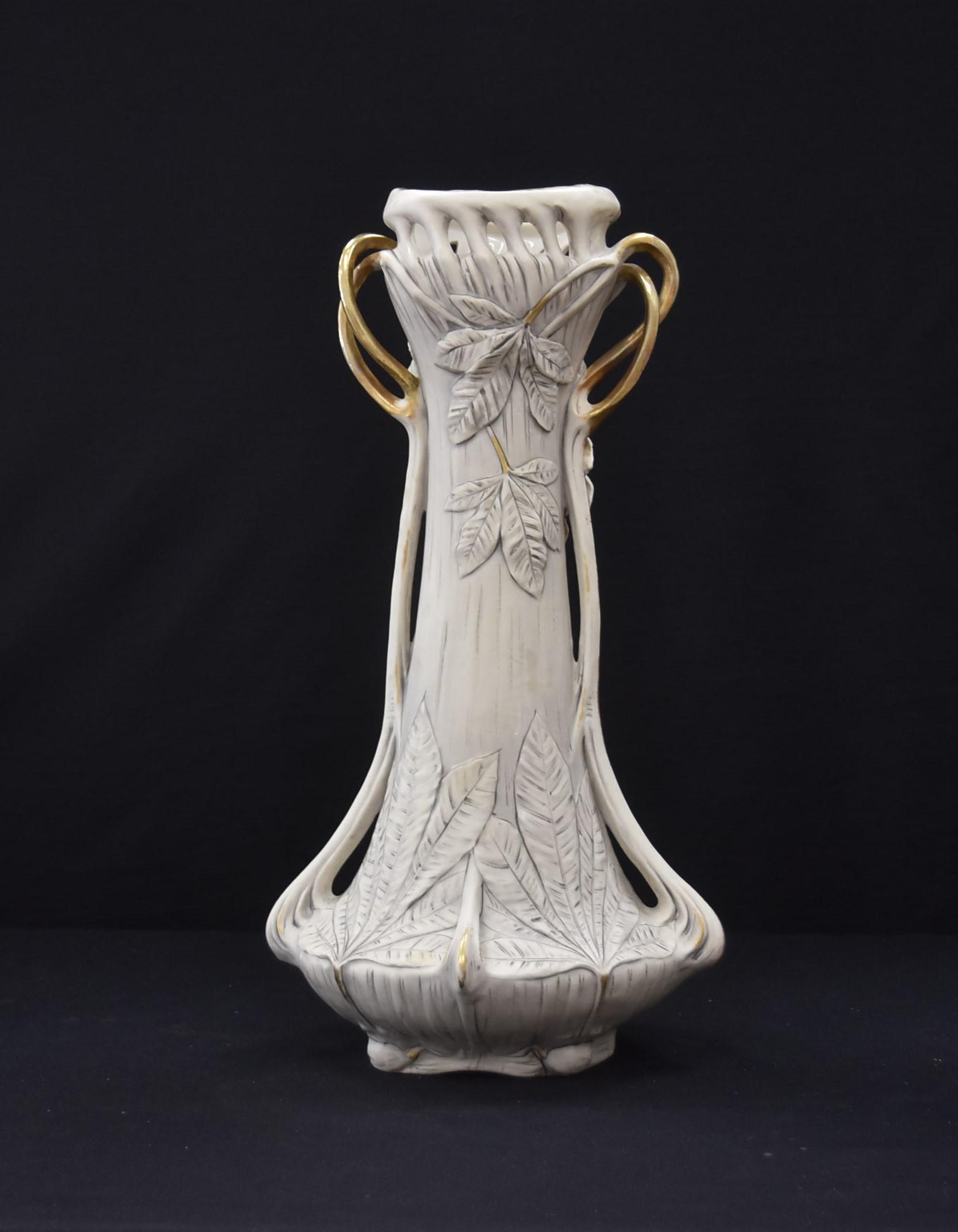 LARGE ART NOUVEAU ROYAL DUX TWIN HANDLE VASE: WITH RAISED NUTS , FLOWERS & FOLIATE (REPAIR TO BOTTOM) 11" x 20"