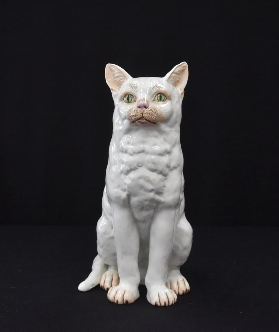 LARGE DRESDEN PORCELAIN SEATED CAT: LARGE CARL THIEME POTSCHAPPEL DRESDEN PORCELAIN SEATED CAT WITH PAINTED DECORATIONS- 5" x 8" x 12"