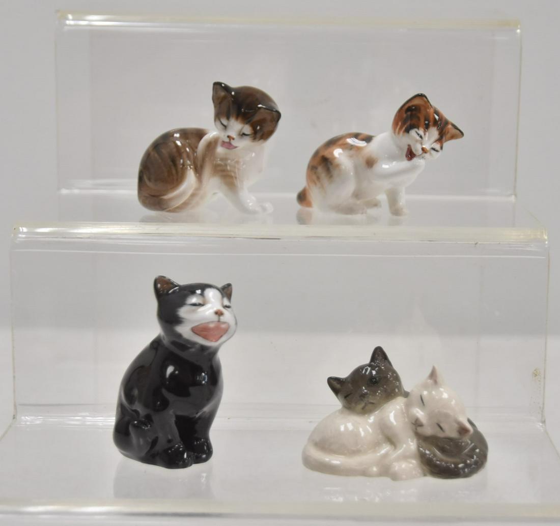 (4) ROYAL DOULTON PORCELAIN MIIATURE SERIES CATS: ROYAL DOULTON "LUCKY" CAT , MODEL K 12 / ROYAL DOULTON CAT PAIR "SLEEPY HEADS" / ROYAL DOULTON CAT CLEANING PAW , HN 2580 / ROYAL DOULTON CAT , HN 2583 - TALLEST IS 2 3/4"