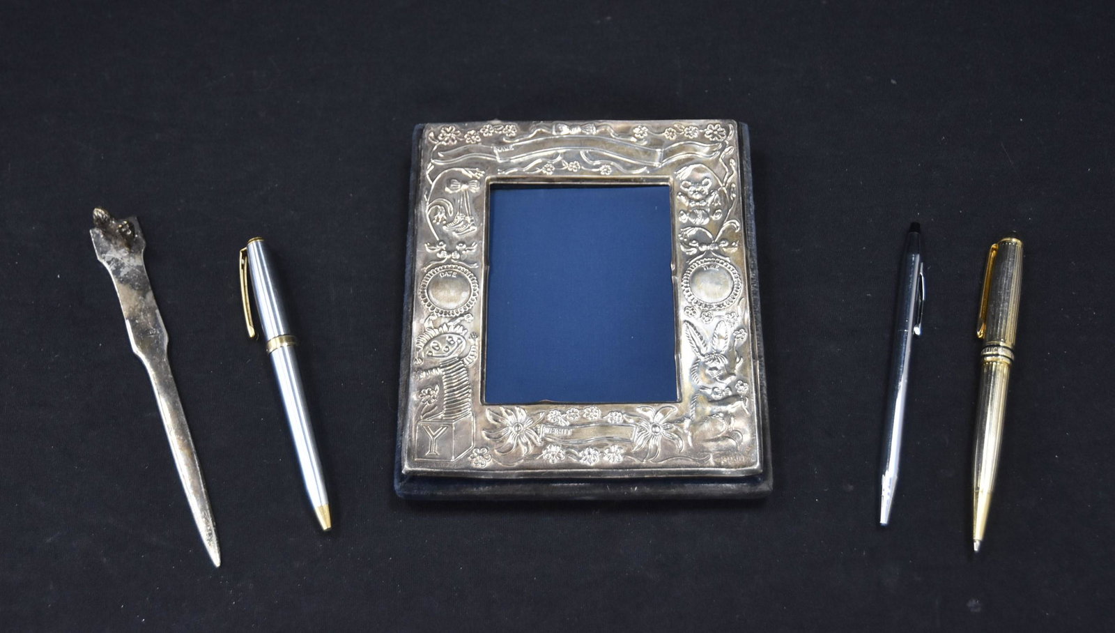 (3) VINTAGE PENS , STERLING FRAME & LETTER OPENER: VINTAGE MONT BLANC PEN , SCHAEFFER PEN , FRENCH SILVER PEN , EMBOSSED STERLING BABY FRAME & SILVER LETTER OPENER - LARGEST PIECE IS 5" x 6"