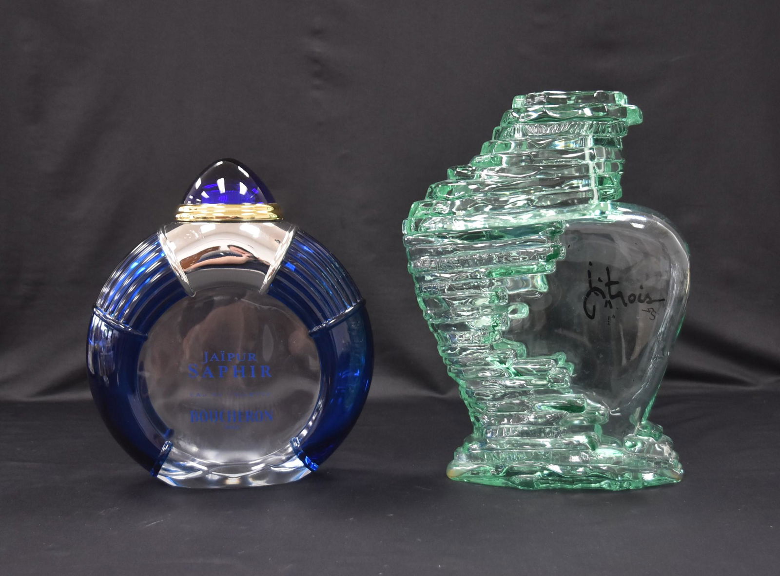 (2) LARGE PERFUME DISPLAY BOTTLES: BOUCHERON PARIS JAIPUR SAPHIR PERFUME DISPLAY BOTTLE / LARGE JEAN CLAUDE JITROUS PERFUME DISLAY BOTTLE - 10" x 5" x 14"