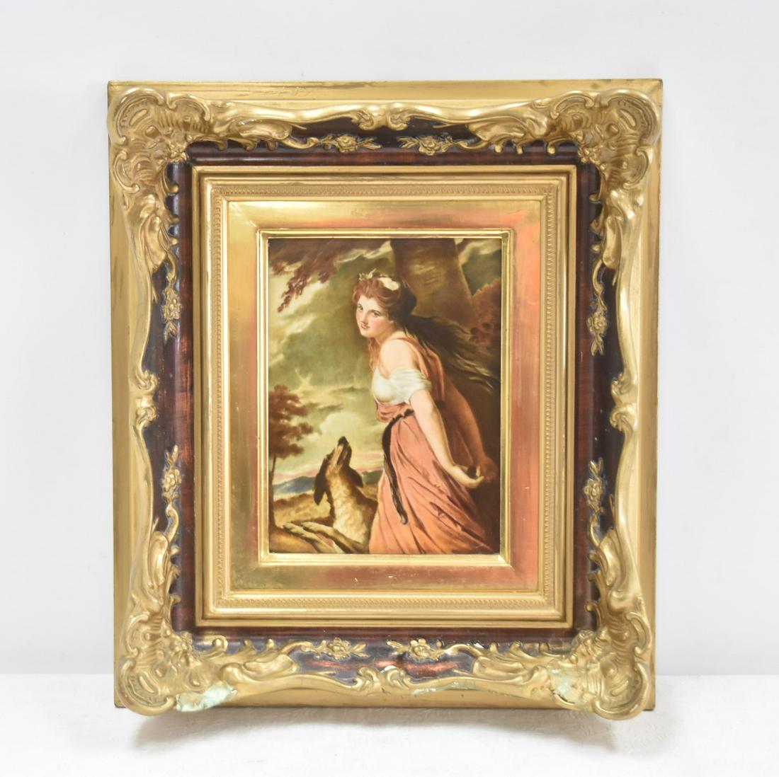 FRAMED ROSENTHAL PORCELAIN PLAQUE: ROSENTHAL PORCELAIN PLAQUE OF LADY HAMILTON WITH DOG , BY GEORGE ROMNEY -PLAQUE IS 7" x 9" ; 15" x 17" FRAMED