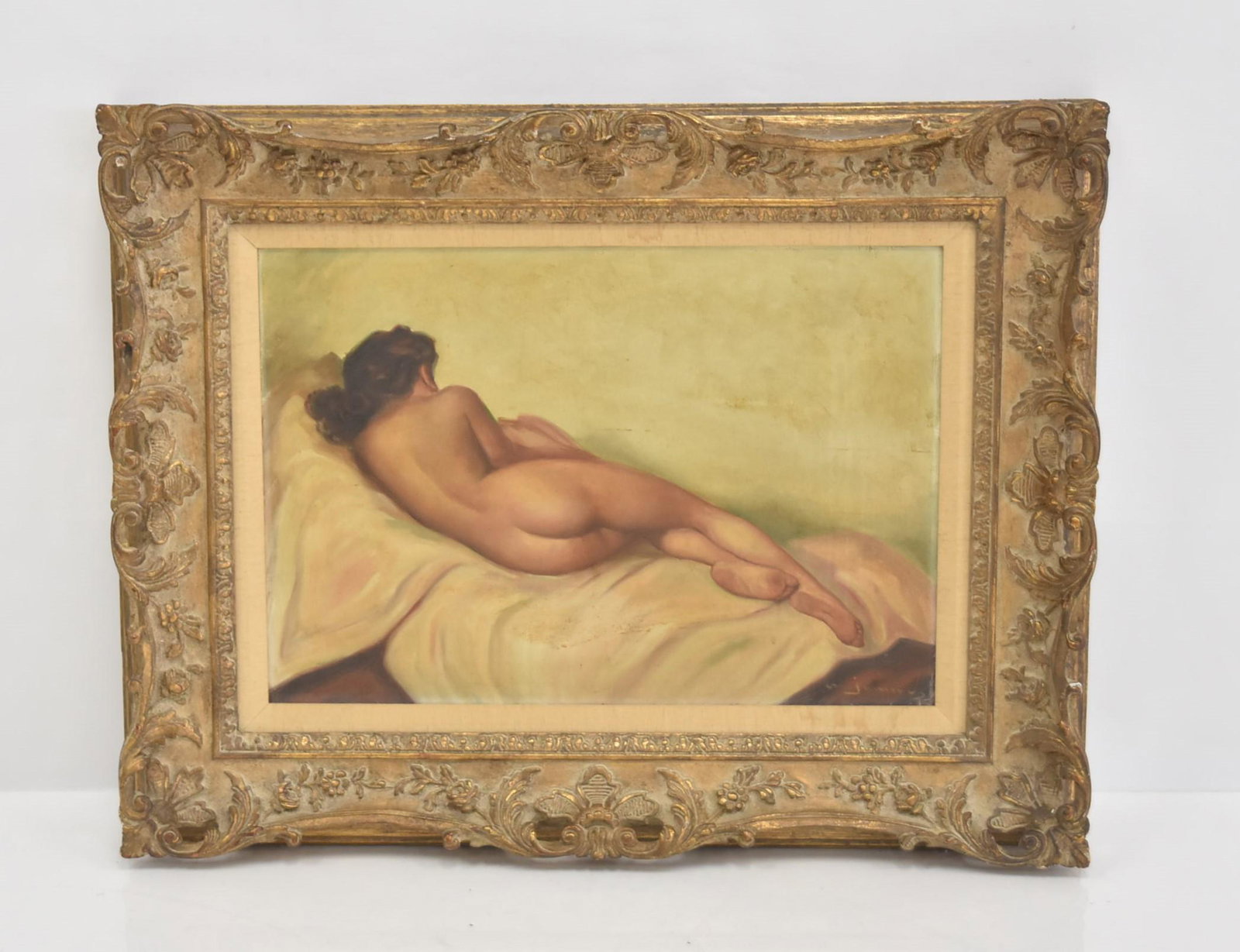 OIL ON CANVAS RECLINING NUDE SIGNED: M. JUMINES ? LOWER RIGHT - 22" x 15" ; 31" x 24" FRAMED