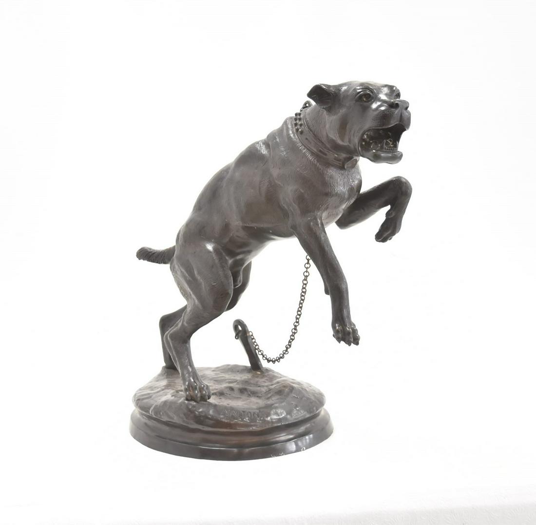 AFTER CHARLES VALTON , FRENCH BRONZE GUARD DOG: AFTER CHARLES VALTON , FRENCH BRONZE CHAINED BULL MASTIF GUARD DOG , SIGNED C. VALTON - 26" x 12" x 24"