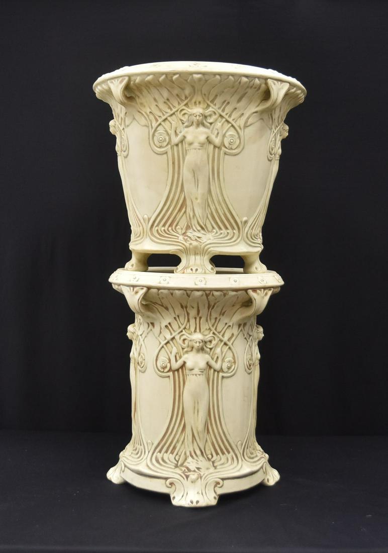 WELLER ''IVORY'' PATTERN JARDINIERE & PEDESTAL: WELLER ART POTTERY "IVORY" PATTERN ART NOUVEAU JARDINIERE & PEDESTAL WITH ART NOUVEAU STYLE WOMEN WITH FLOWERS - 18" x 16" ; 15" x 18" ; 18" x 34" TALL OVERALL