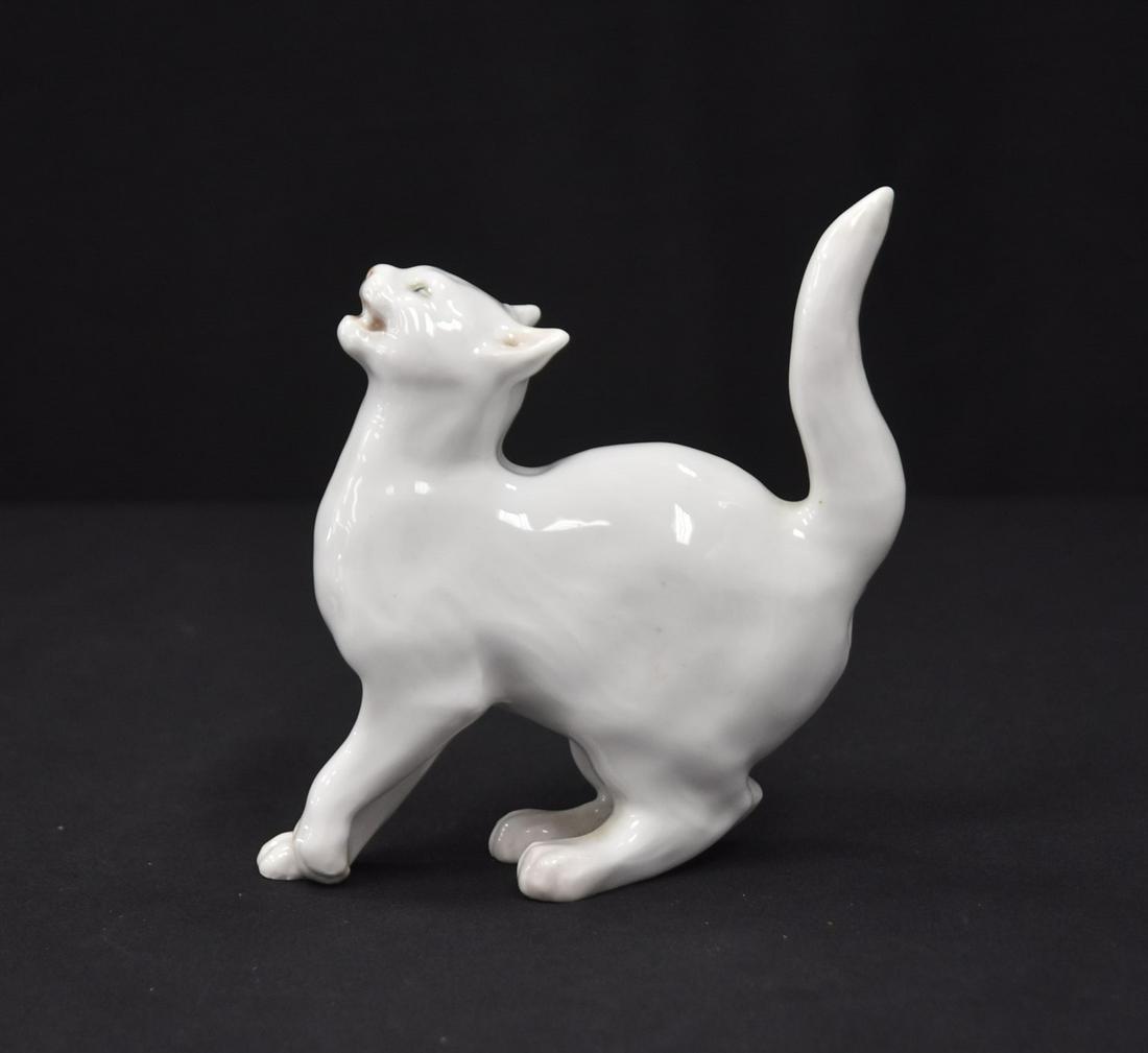 ROYAL COPENHAGEN # 758 PORCELAIN CAT: ROYAL COPENHAGEN PORCELAIN CAT WITH OPEN MOUTH , MODEL 758 ; ARTIST SIGNED KK , FOR KNUD KYHN - 4" x 2" x 5 1/4"