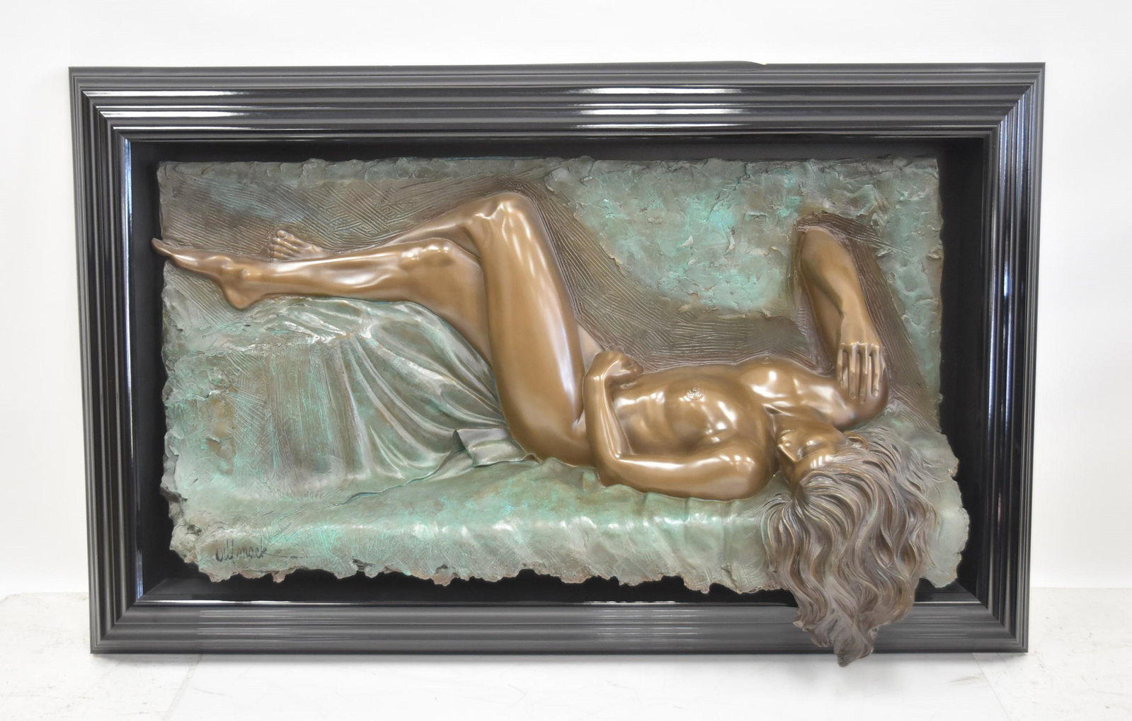 LARGE BILL MACK BRONZE RELIEF NUDE: LARGE BILL MACK (AMERICAN, b. 1944) BONDED BRONZE RELIEF SCULPTURE OF RECLINING NUDE WOMAN , TITLED "RHAPSODY" , WITH CERTIFICATE - , HAND SIGNED BILL MACK / NUMBERED XXIII/XXV - 68" x 14" x 42"
