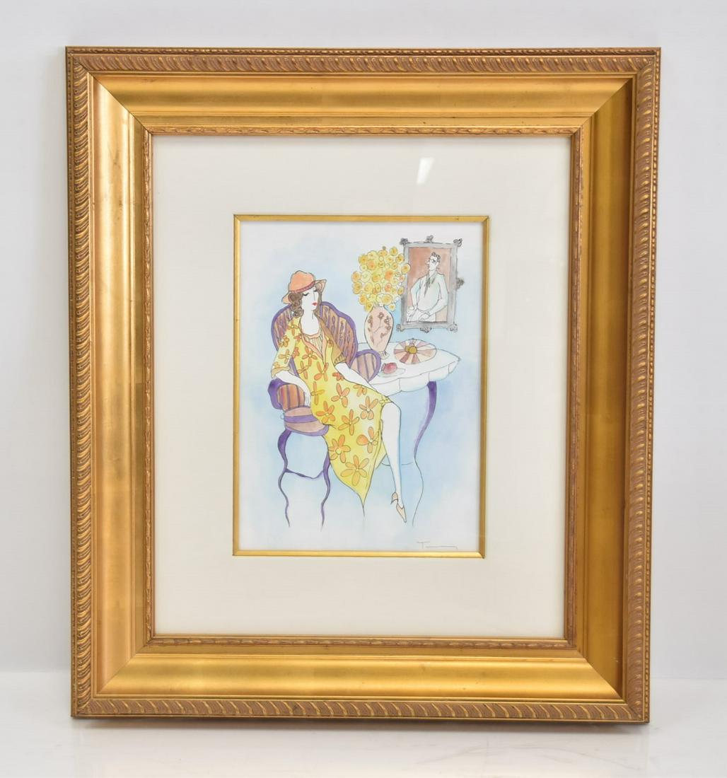 ITZCHAK TARKAY (ISRAEL, 1935-2012) WATERCOLOR: TARKAY , ORIGINAL WATERCOLOR OF SEATED WOMAN AT VANITY , SIGNED TARKAY , IMAGE SIZE IS 11" x 15" ; OVERALL FRAMED IS 26" x 30"