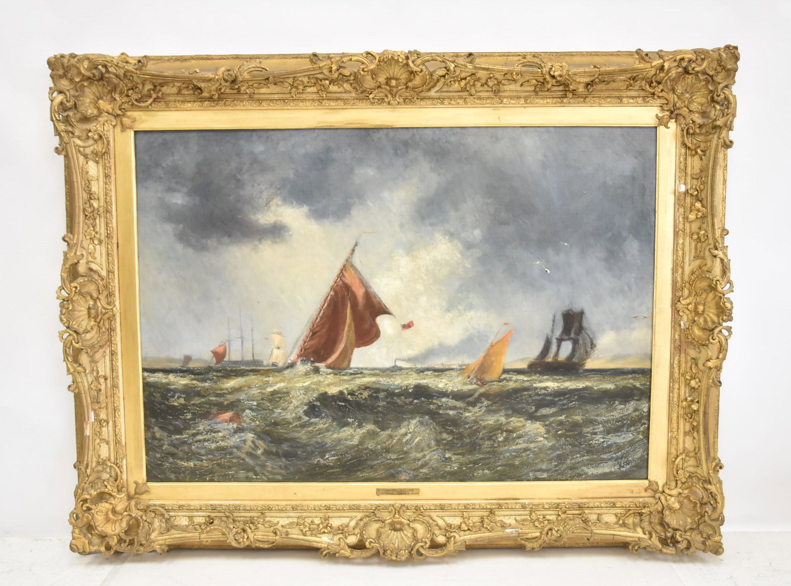 EDWIN HAYES (BRITISH / IRISH, 1820-1904): VERY LARGE OIL ON CANVAS OF SHIPS AT ROUGH SEAS , TITLED "IN THE SOLENT" , SIGNED E HAYES , LOWER LEFT ;SET IN LARGE PERIOD GILTWOOD FRAME - 53" x 38" ; 67" x 52" FRAMED