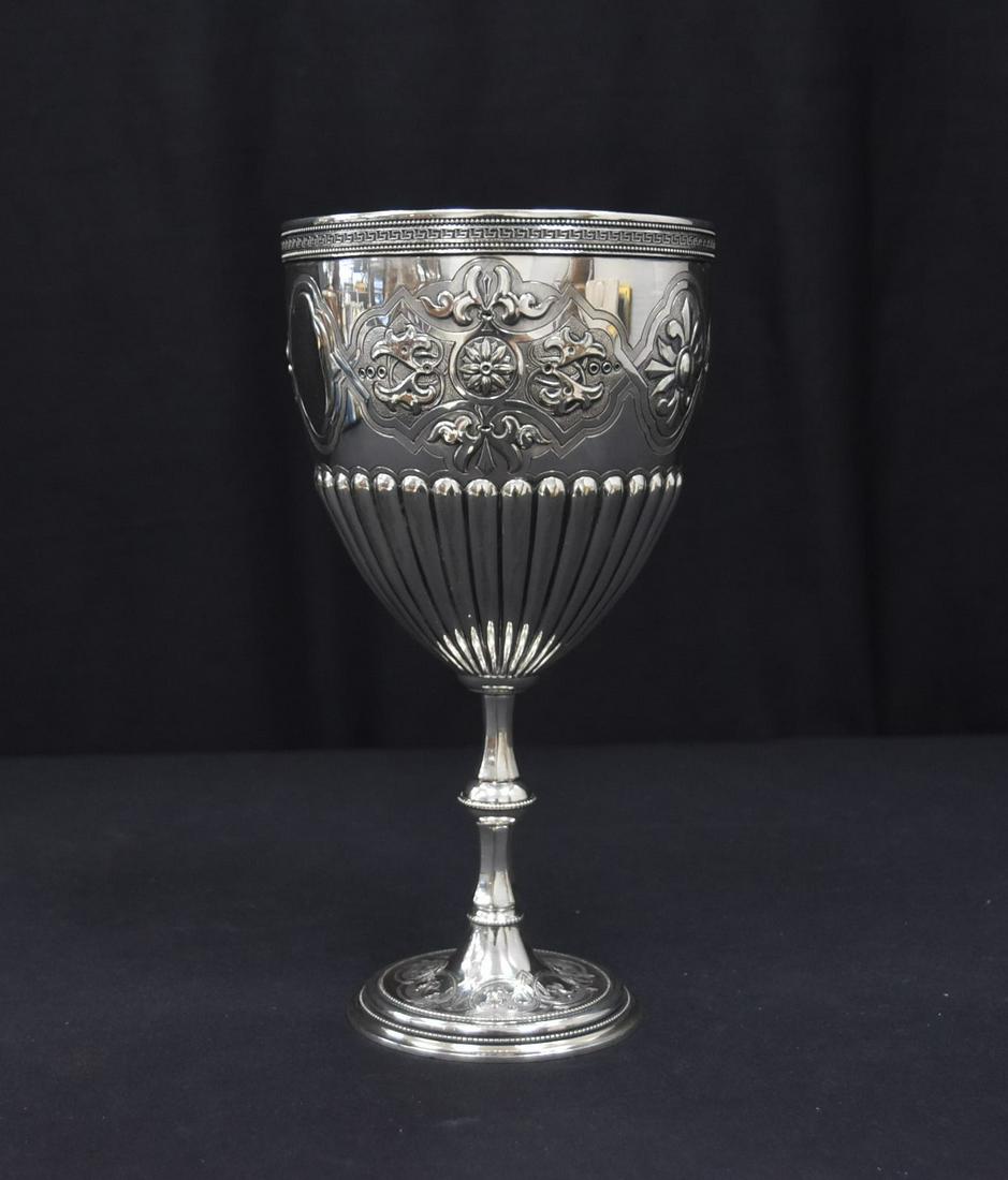 EMBOSSED SILVER PLATE CHALICE: 5" x 9 1/2"