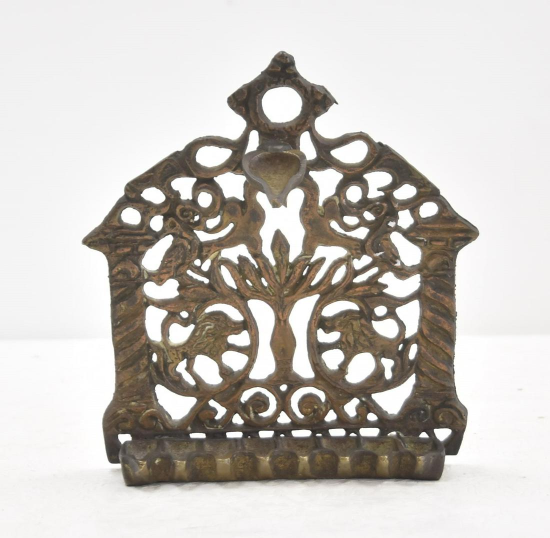ANTIQUE BRONZE MENORAH OIL LAMP WITH LION: 7" x 2" x 8"