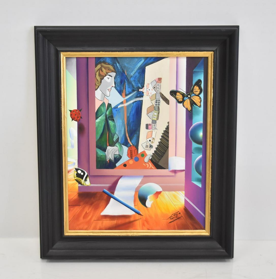 ORIGINAL FERJO OIL ON CANVAS: ORIGINAL FERJO (BRAZIL , b. 1946 ) AKA FERNANDO DE JESUS OLIVERA OIL ON CANVAS , HAND SIGNED LOWER RIGHT , WITH GALLERY LABEL INVERSO ; UNTITLED - OIL IS 16" x 20" ; 22" x 26" FRAMED