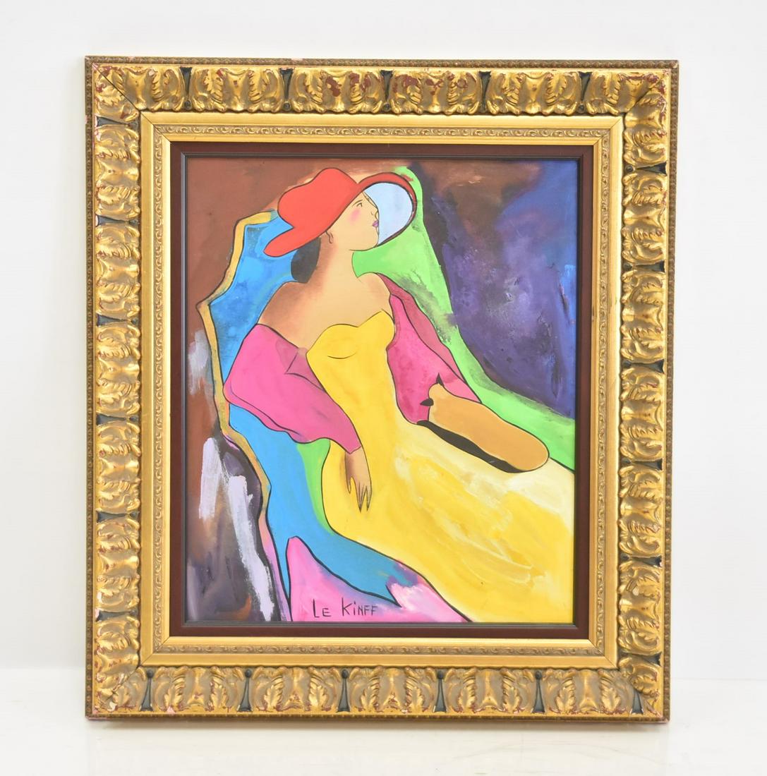 LINDA LE KINFF (FRANCE, b. 1949) OIL ON PANEL: LINDA LE KINFF , OIL ON PANEL OF RECLINING WOMAN "LA BELLE" , SIGNED LE KINFF , 2007 - 18" x 22" ; 27" x 30" FRAMED