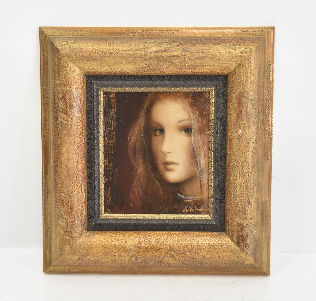 CSABA MARKUS "NYDYA" OIL ON CANVAS: CSABA MARKUS (HUNGARIAN, b.1953) , ORIGINAL OIL ON CANVAS PORTRAIT OF WOMAN , TITLED "NYDYA" , CSABA MARKUS ,LOWER RIGHT ; WITH PERSONALIZED ARTISTS INSCRIPTION ON BACK - OIL IS 7 3/4" x 8 3/4" ; FRAM