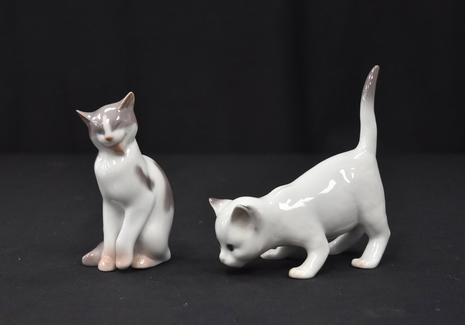 (2) B & G COPENHAGEN PORCELAIN CAT MODELS: BING & GRONDAHL COPENHAGEN CAT , MODEL 2466 / BING & GRONDAHL COPENHAGEN CAT MODEL # 2507 - TALLEST IS 5" x 6"