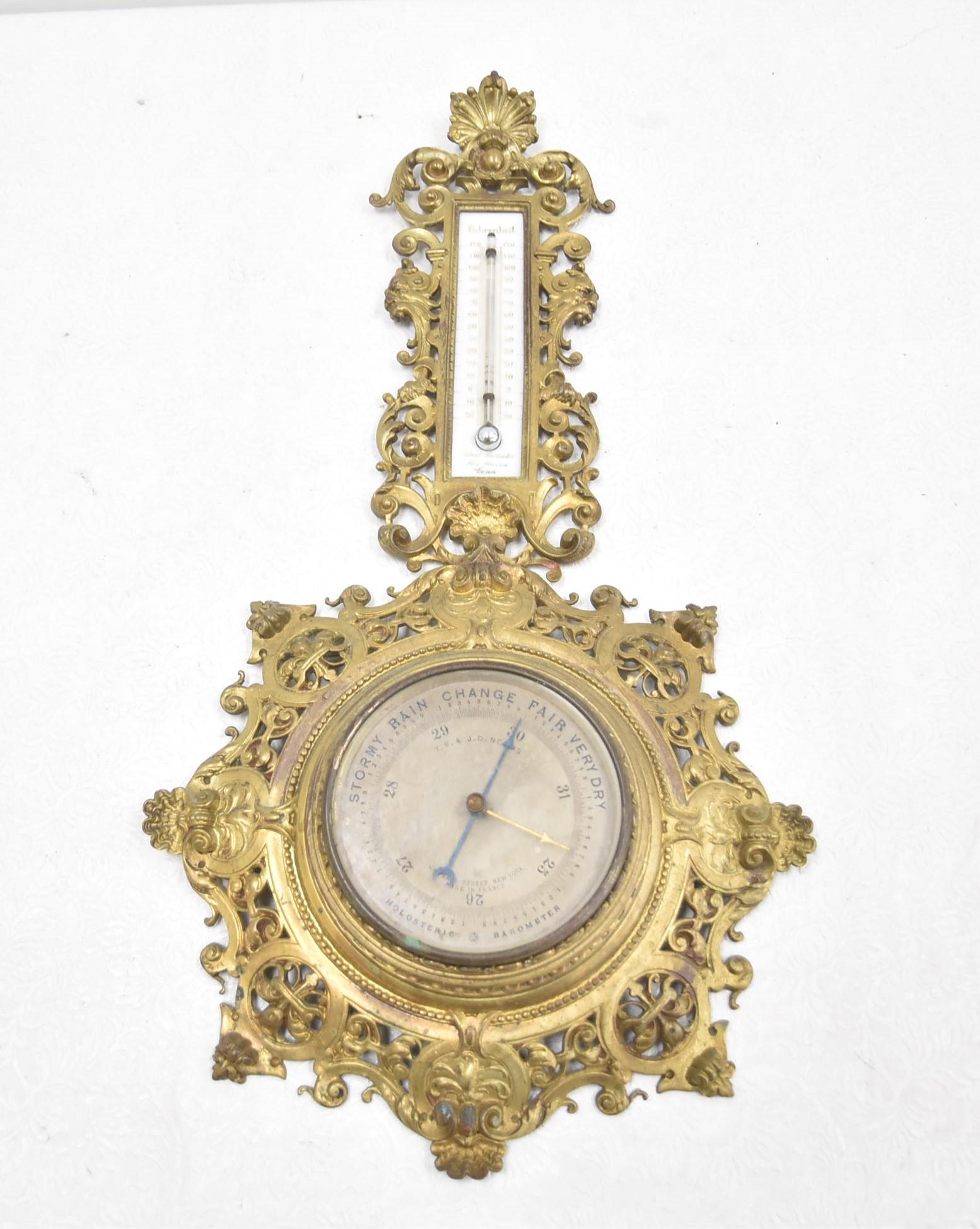 HOLOSTERIC FRENCH BRONZE BAROMETER: FRENCH BRONZE HOLOSTERIC BAROMETER WITH RETICULATED SECTIONS & SHELLS ; MARKED TS & JD NEGAS - 11 1/2" x 22"