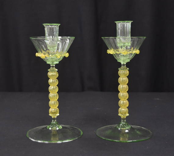 (pr) 2 Tone Vaseline Glass Candlesticks