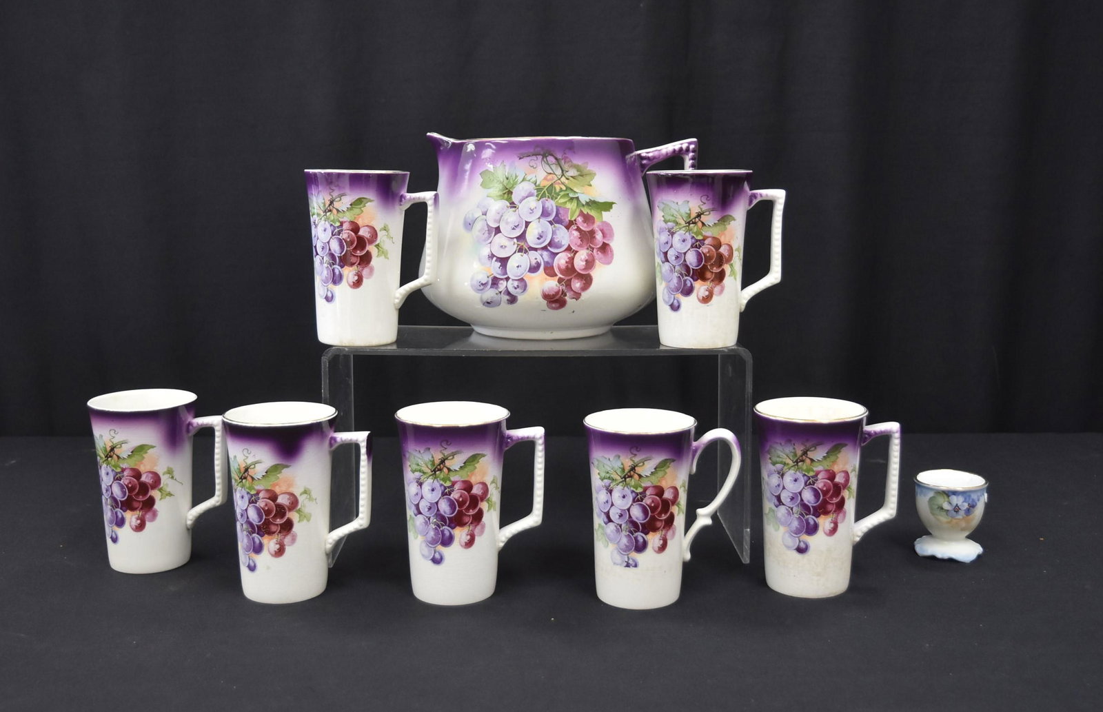 (9)pc DRESDEN CHINA CIDER SET: DECORATED WITH FRUIT & HUTSCHENREUTHER EGG CUP - LARGEST PIECE IS 8" x 5 1/2" x 6"