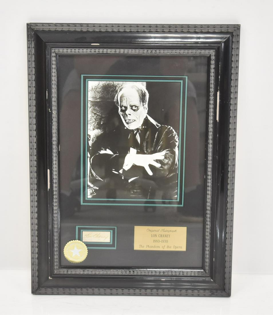 LON CHANEY , AUTOGRAPH PHOTO COLLAGE: LON CHANEY (1883-1930) PHANTOM OF THE OPERA , PHOTOGRAPH WITH AUTOGRAPHED LON CHANEY PLATE CARD , FRAMED & MATTED IN COLLAGE - 15" x 20 1/2"