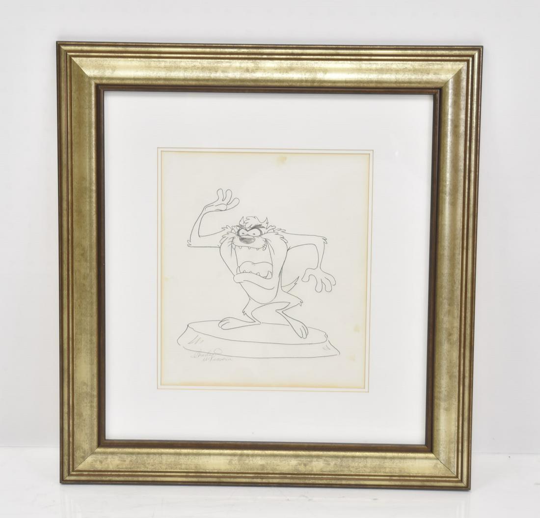 CHARLES McKIMSON , TAZMANIAN DEVL DRAWING: SIGNED IN PENCIL LOWER LEFT , CHARLES McKIMSON - 10 1/2" x 12" ; 21" x 22 1/4" FRAMED