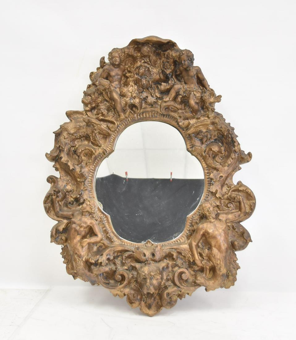 LARGE FINESSE ORIGINAL SCULPTURAL MIRROR: LARGE GOTHIC STYLE GROTESQUE COMPOSITION MIRROR WITH RAISED CHERUBS & FIGURES , SIGNED FINESSE ORIGINALS ON TOP - 36" x 8" x 48"