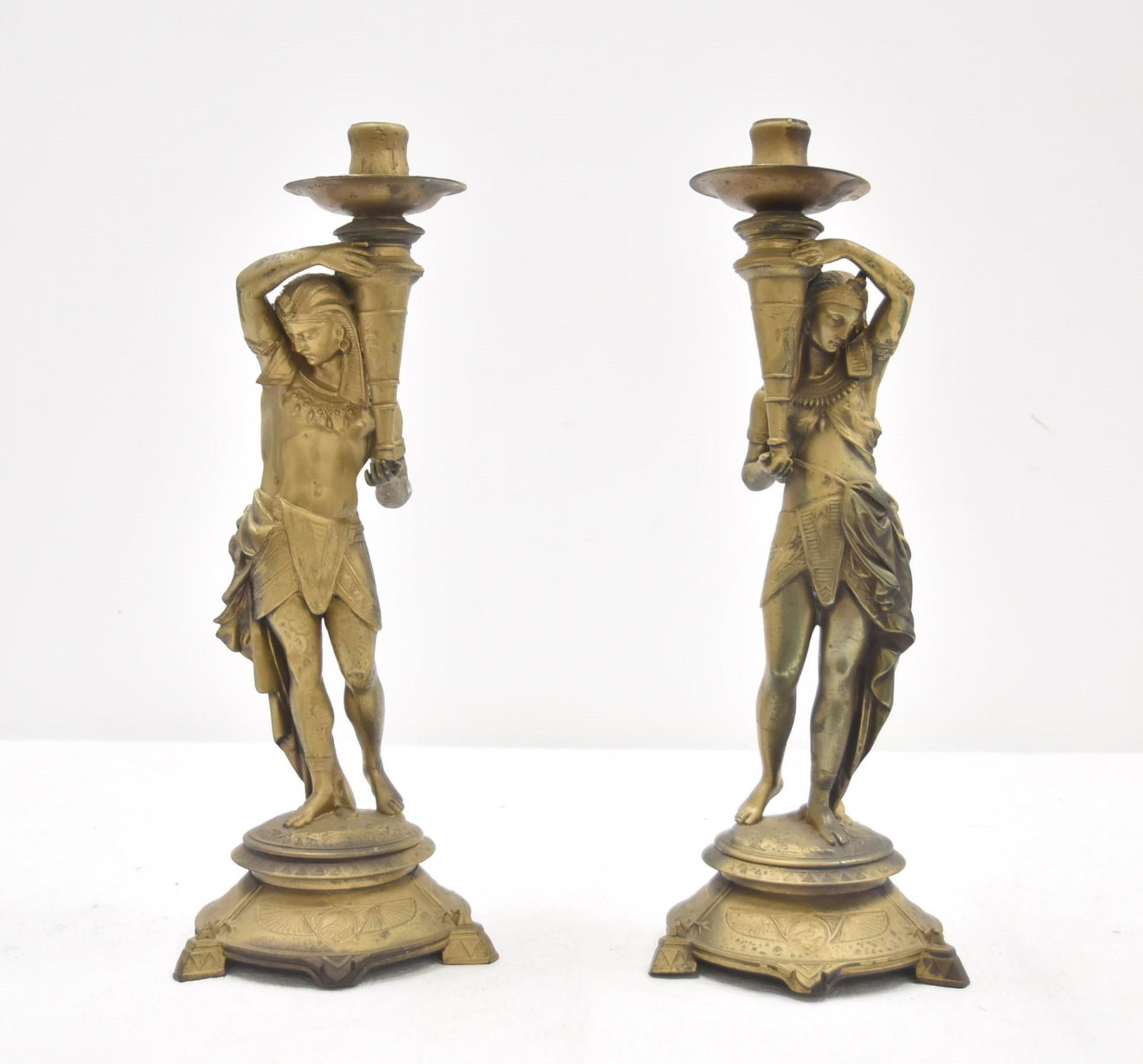 (Pr) EGYPTIAN REVIVAL GILT METAL CANDLESTICKS (1 of 10)