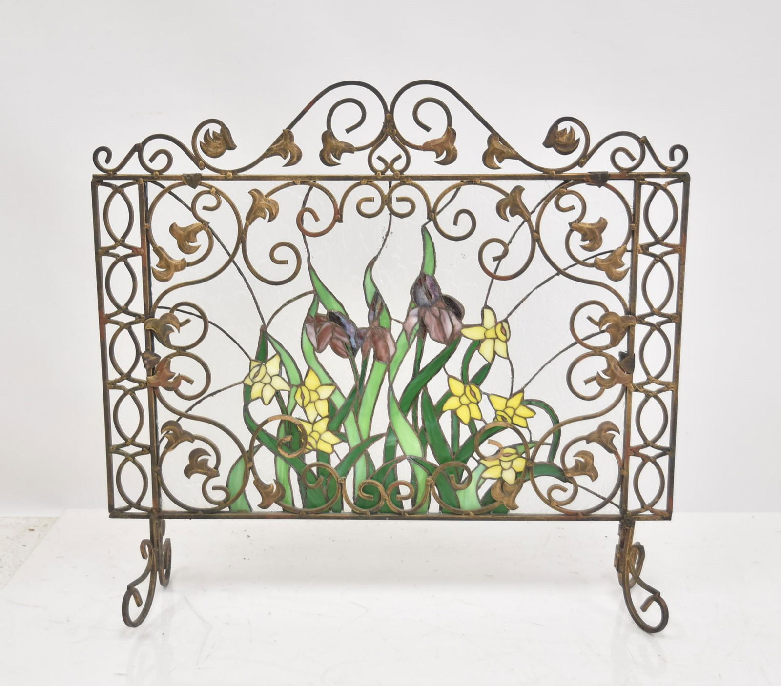 ART NOUVEAU STAINED GLASS & IRON FIRESCREEN (1 of 10)
