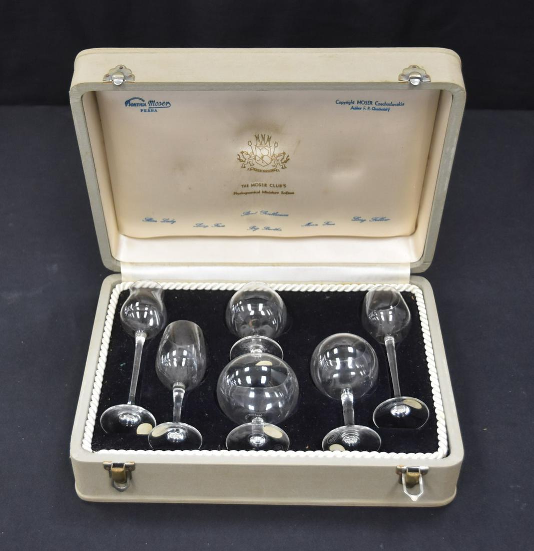 MOSER CORDIAL GLASS SET: THE MOSER CLUB CORDIAL GLASSWARE SET IN FITTED PRESENTATION CASE WITH VARIOUS DIFFERENT KINDS OF CORDIAL GLASSES ; set of vintage Moser glass wine snifters designed by F.P. Chocholaty (6) named glasse
