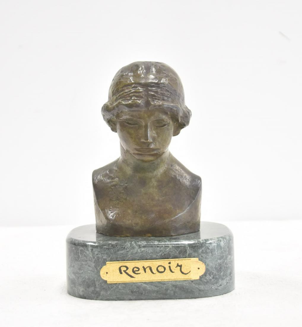 PIERRE AUGUSTE RENOIR (1841-1919) BRONZE VENUS: AFTER PIERRE AUGUSTE RENOIR (1841-1919) BRONZE BUST OF VENUS "TETE de VENUS" , SIGNED RENOIR , NUMBERED EA 3/4 , RAISED ON LATER MARBLE BUST - BRONZE IS 4" x 3" x 6" ; OVERALL IS 6" x 5" x 8"