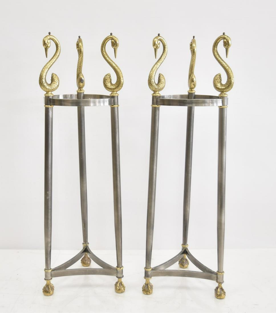 (Pr) POLISHED NICKEL METAL STANDS: WITH GILDED CRANE NECKS- 12" x 40" (NO TOPS)