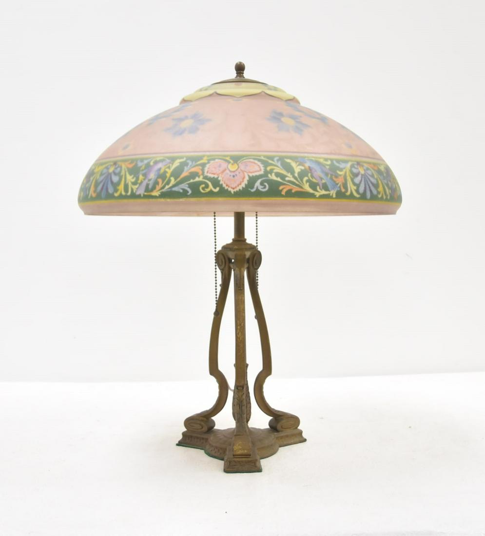 LARGE PAIRPOINT "LANDSDOWNE" TABLE LAMP: REVERSE PAINTED PAIRPOINT "LANDSDOWNE" SHADE TABLE LAMP WITH GREEN FLORAL BORDER & MIXED FLOWERS WITH BIRDS , ON ORIGINAL SIGNED PAIRPOINT BASE , SHADE SIGNED PAIRPOINT - SHADE IS 18" x 7 1/4" ,18" x 